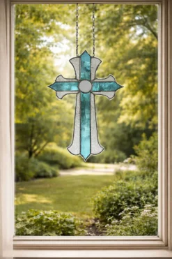 Croix en vitrail – Style Tiffany fait main, décoration murale