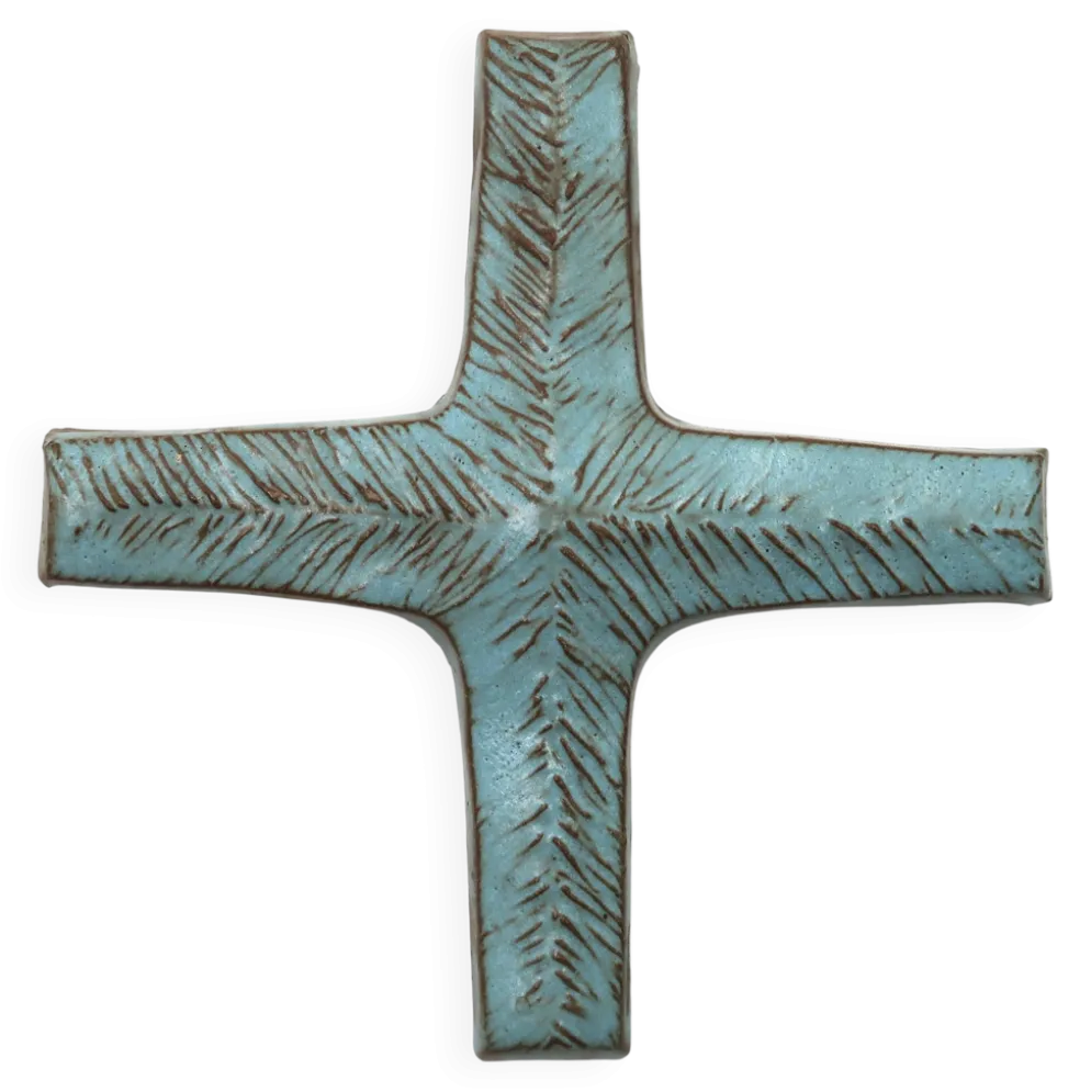 Croix murale en céramique bleu pâle signée Amphora, années 70