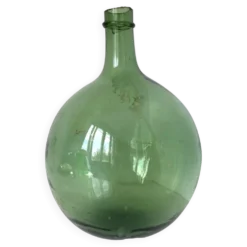 Dame Jeanne ancienne en verre vert à col bagué et ouverture martelée