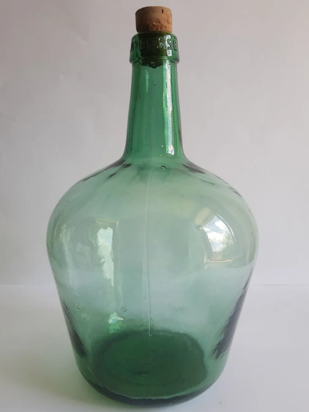 Dame jeanne bonbonne en verre verte Ayelense vintage