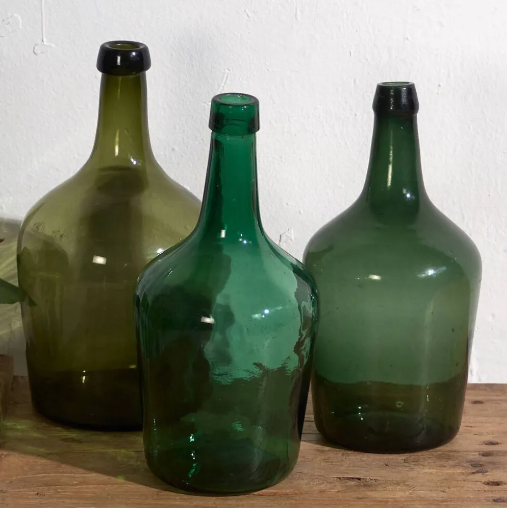 Demijohns verts anciens (c.1920). Ensemble de 3 pièces