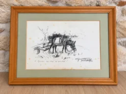 Dessin encadré original signé Guy Tayal âne attelé