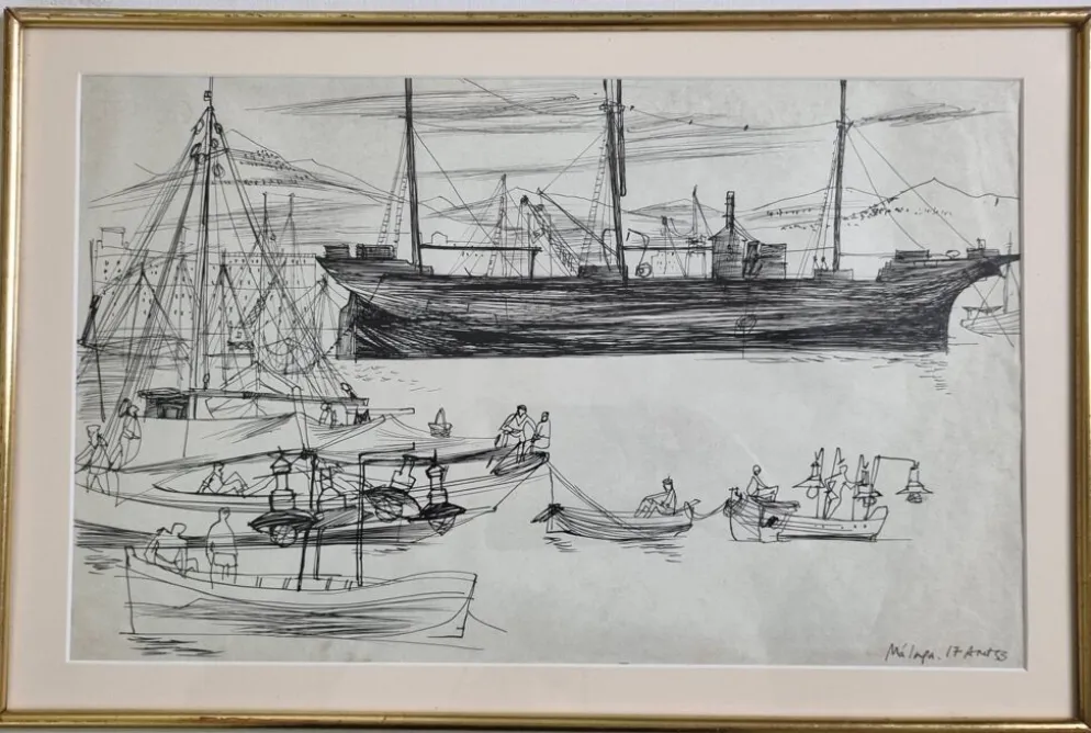 Dessin original à l’encre, carnet de voyage, 1955, scène portuaire 52x34 cm