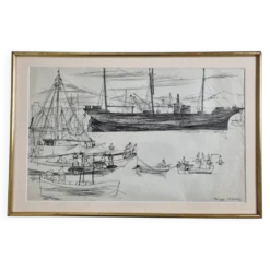 Dessin original à l’encre, carnet de voyage, 1955, scène portuaire 52x34 cm