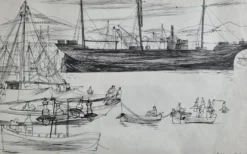 Dessin original à l’encre, carnet de voyage, 1955, scène portuaire 52x34 cm