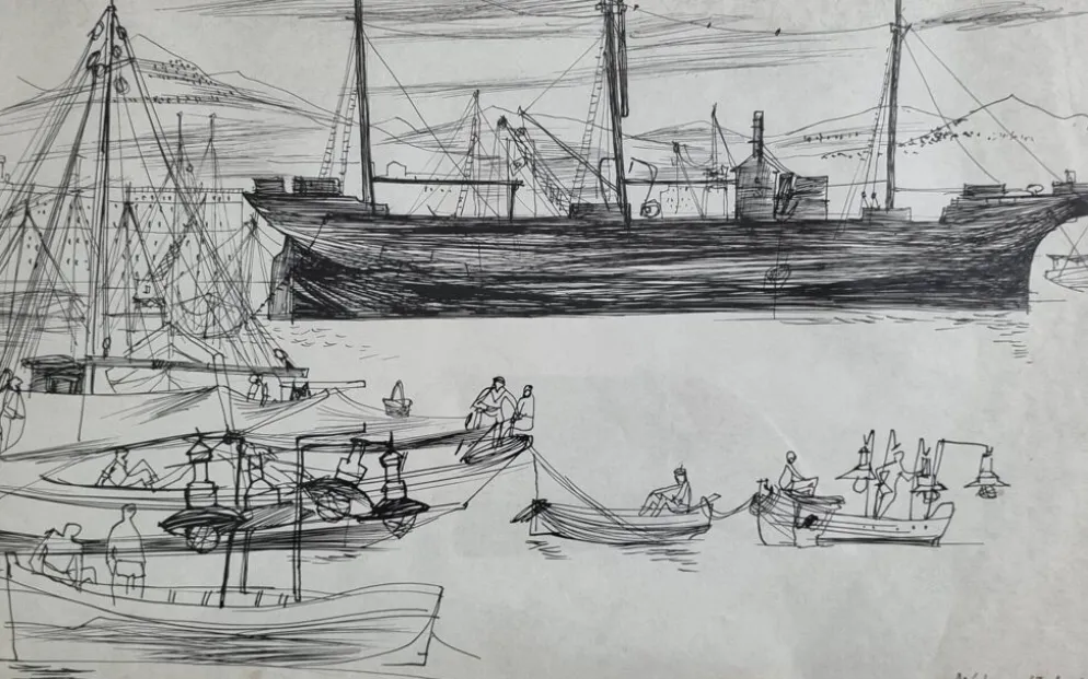 Dessin original à l’encre, carnet de voyage, 1955, scène portuaire 52x34 cm