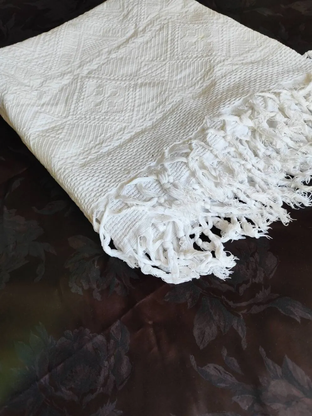 Dessus de lit en coton blanc , Ancien jeté de lit coton tissé