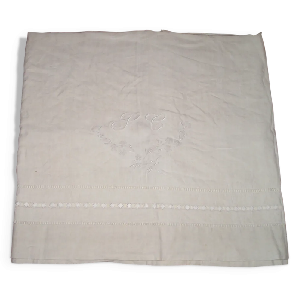 Drap ancien en lin ou métis à 2 rangées de jours avec retours