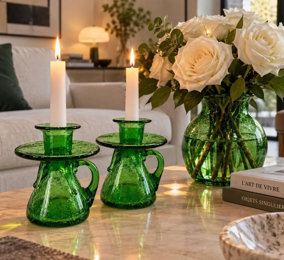 Duo de bougeoirs en verre bullé vert – Verrerie de Biot