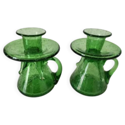 Duo de bougeoirs en verre bullé vert – Verrerie de Biot