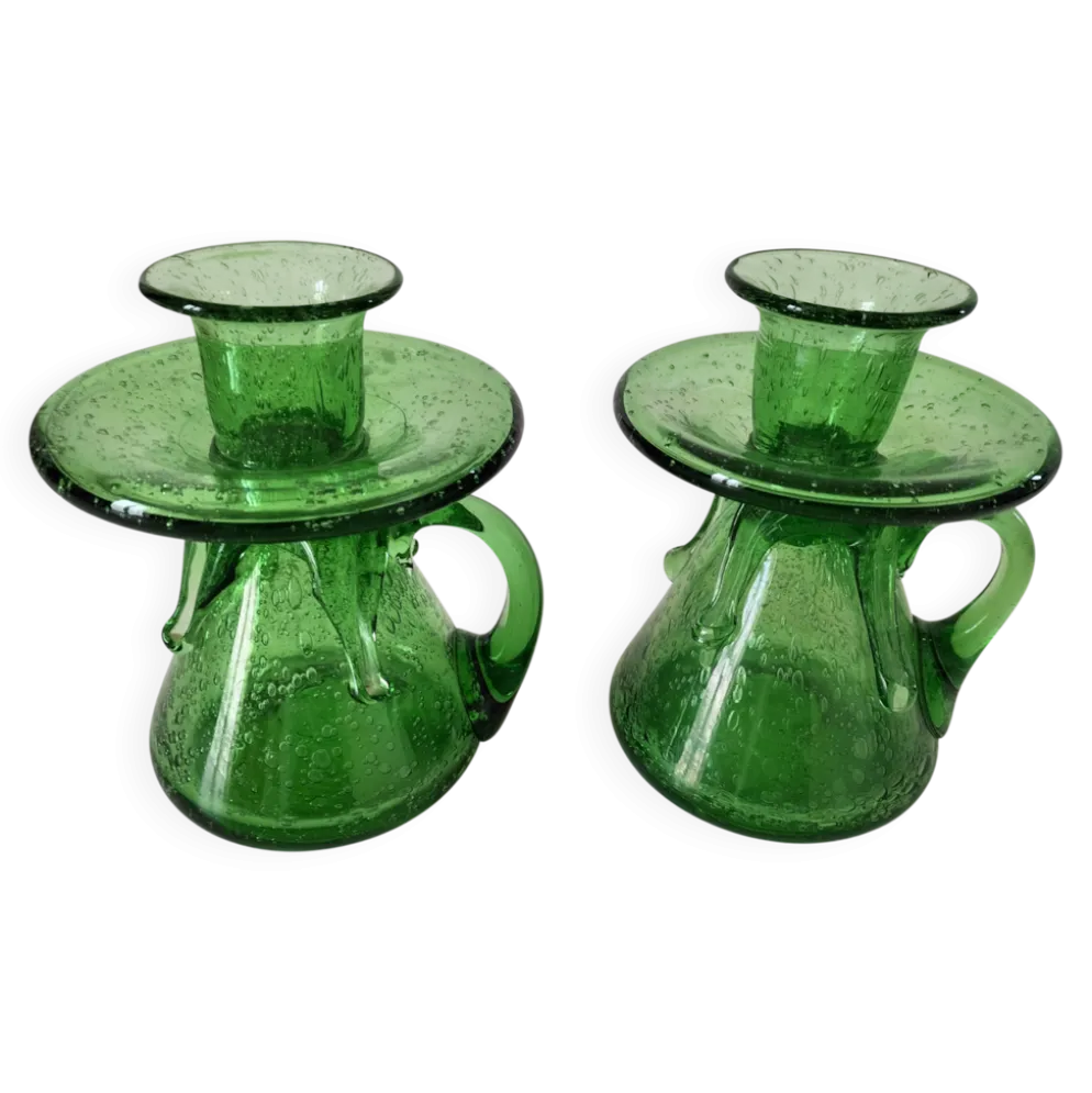Duo de bougeoirs en verre bullé vert – Verrerie de Biot