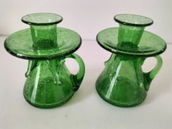 Duo de bougeoirs en verre bullé vert – Verrerie de Biot