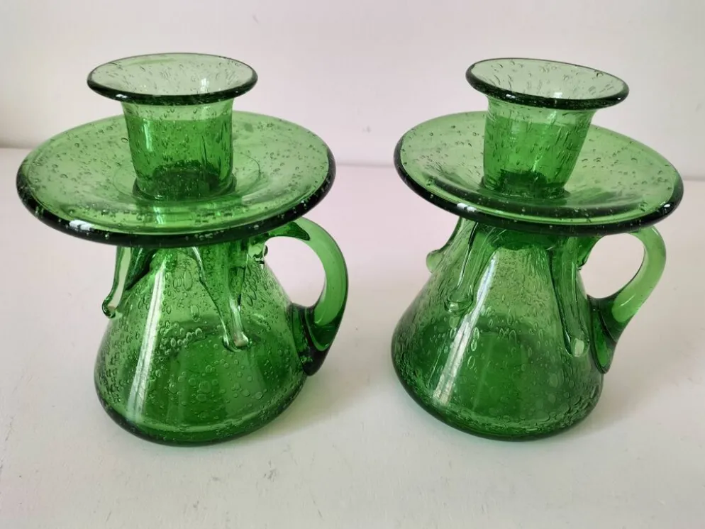 Duo de bougeoirs en verre bullé vert – Verrerie de Biot