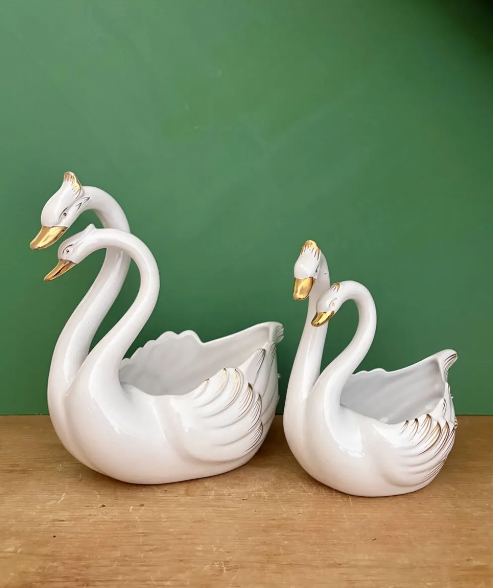Duo de caches pots vintage - Cygnes en céramique
