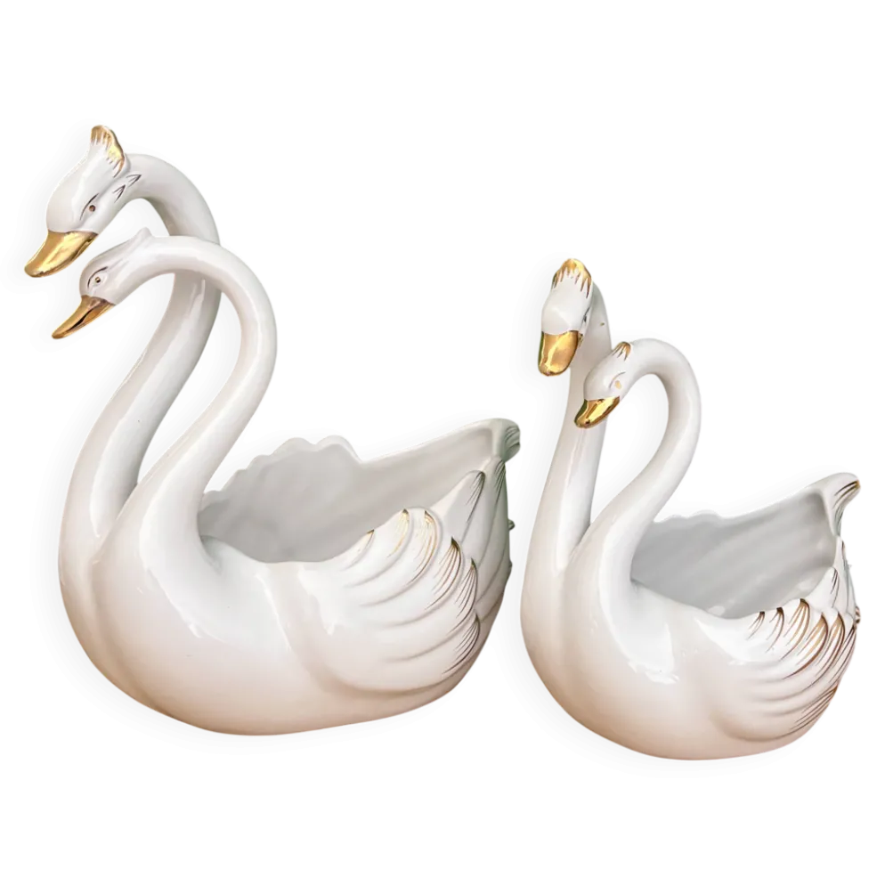 Duo de caches pots vintage - Cygnes en céramique