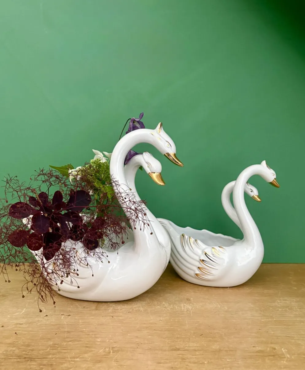 Duo de caches pots vintage - Cygnes en céramique