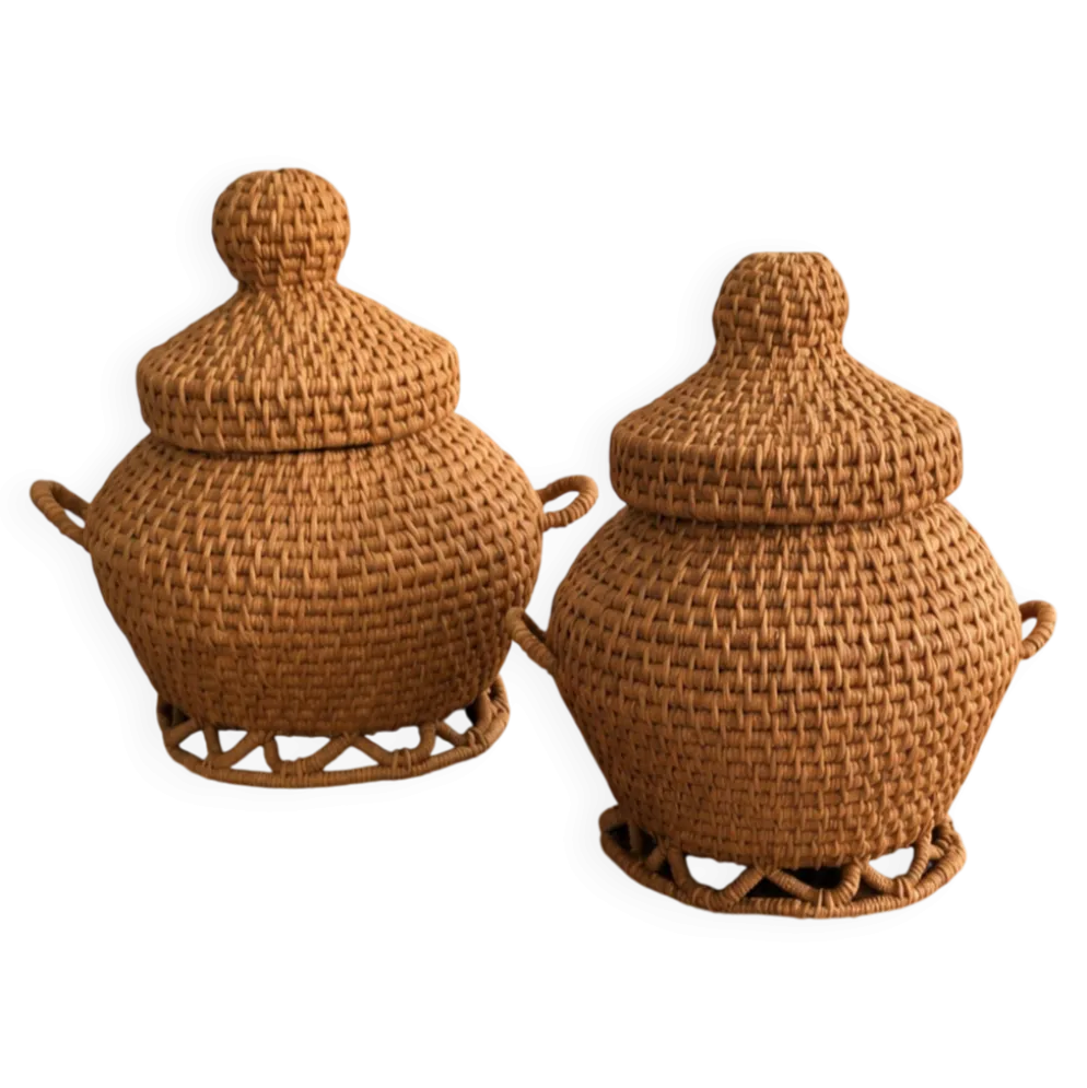 Duo de paniers vintage en vannerie artisanale • Pièces décoratives