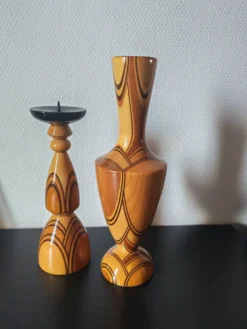Duo vase& bougeoir vintage en bois tourné et lamellé style scandinave