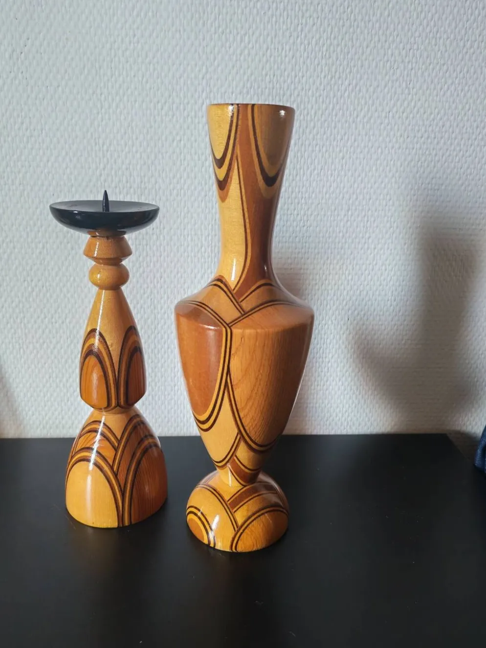 Duo vase& bougeoir vintage en bois tourné et lamellé style scandinave