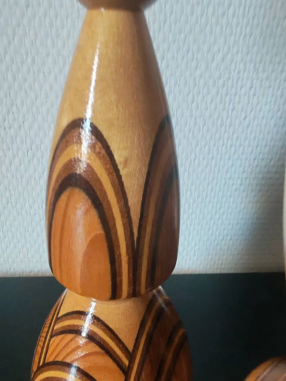 Duo vase& bougeoir vintage en bois tourné et lamellé style scandinave