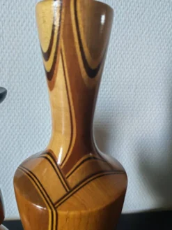 Duo vase& bougeoir vintage en bois tourné et lamellé style scandinave