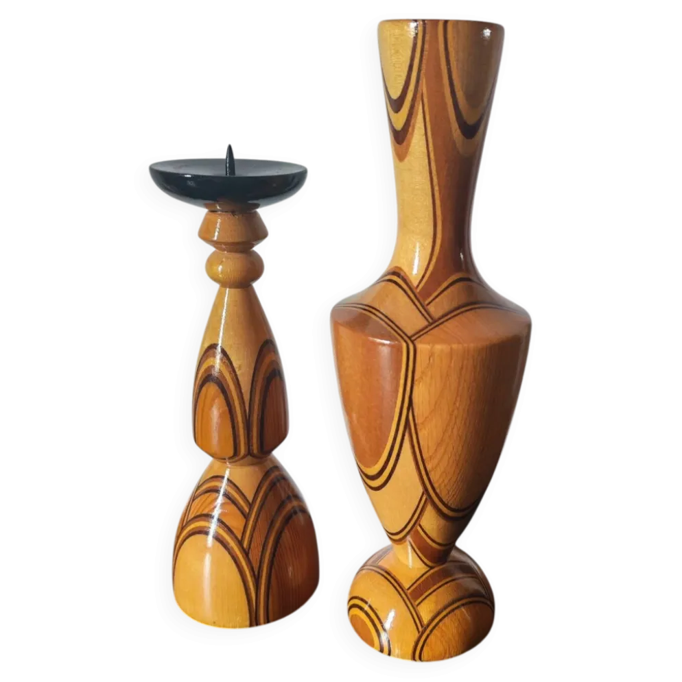 Duo vase& bougeoir vintage en bois tourné et lamellé style scandinave