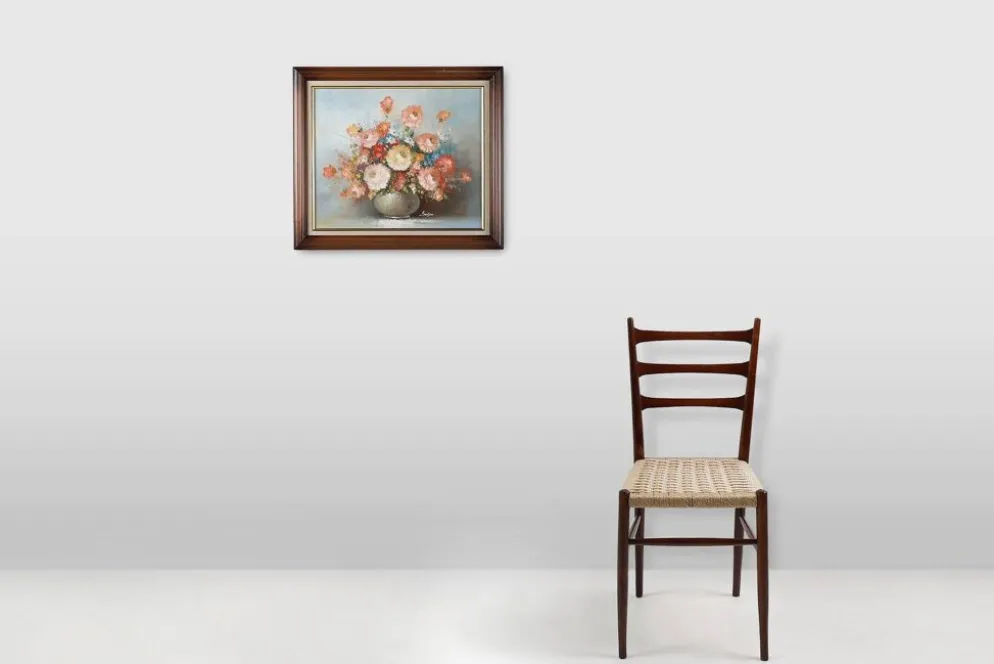 Edmond Sanders, Vase avec des fleurs, années 1950, huile sur toile, encadré