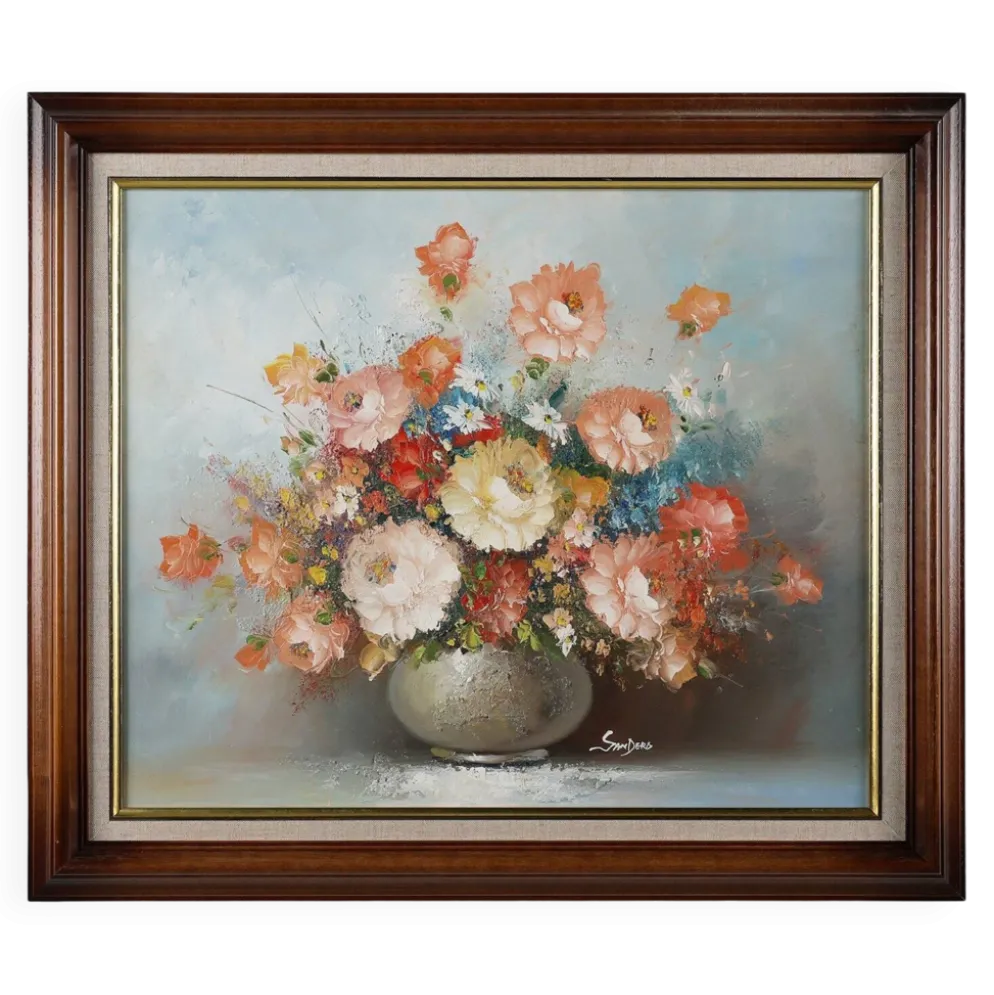 Edmond Sanders, Vase avec des fleurs, années 1950, huile sur toile, encadré