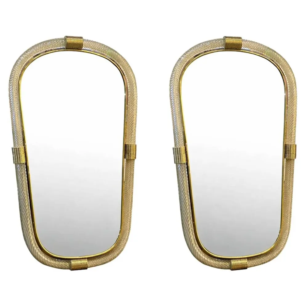Elegant Pair of Murano Glass Mirrors in Gold Leaf, Italy, “Torciglione” Des