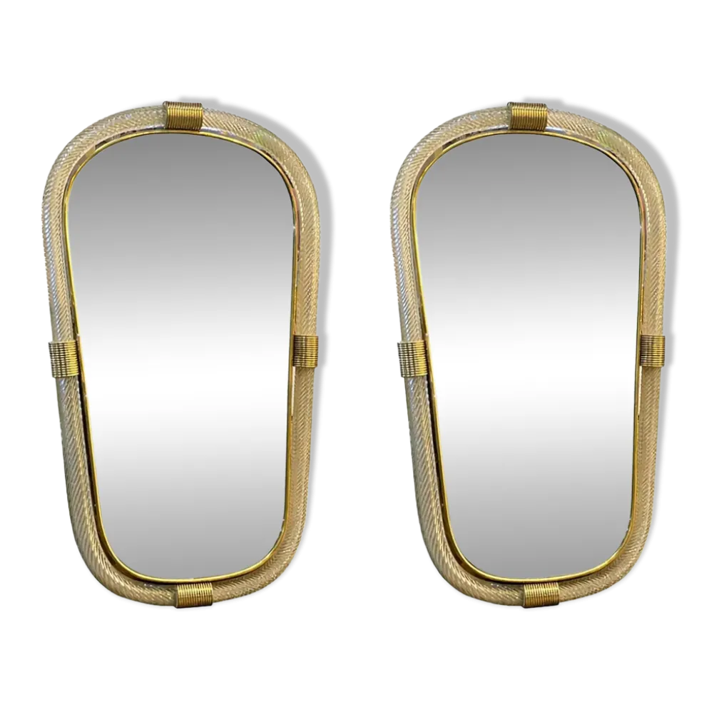 Elegant Pair of Murano Glass Mirrors in Gold Leaf, Italy, “Torciglione” Des