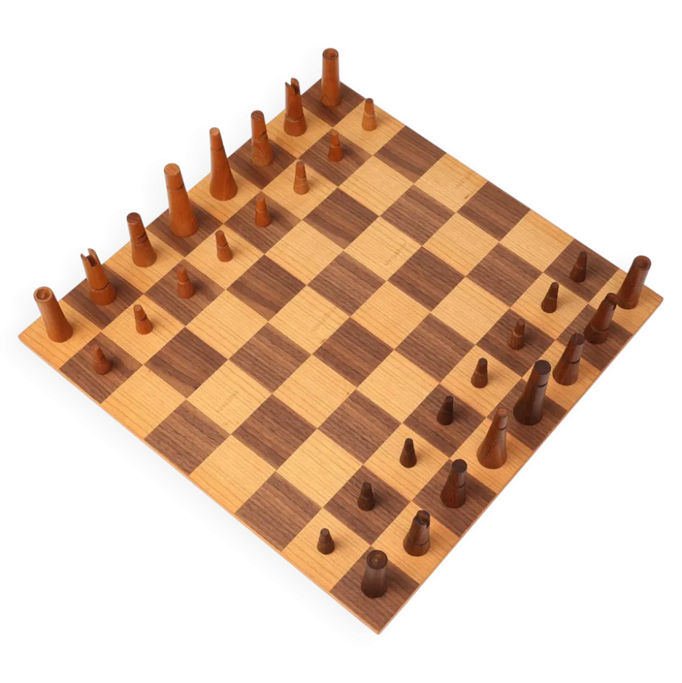 Ensemble d'échecs De Coene avec boîte d'origine attribué à Christophe Gevers, Belgique