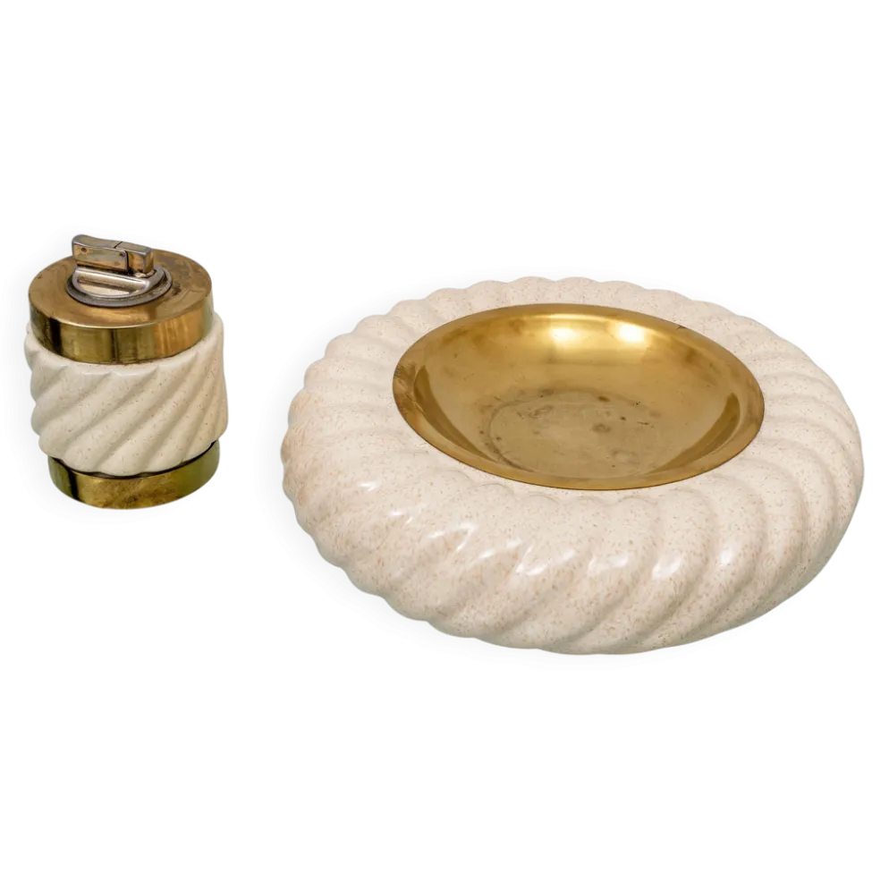 Ensemble de briquet et cendrier en céramique et laiton par Tommaso Barbi, Italie, années 1960.