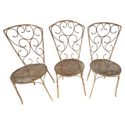 Ensemble de 3 chaises de jardin en fer forgé, assise en rigitulle 1940/50