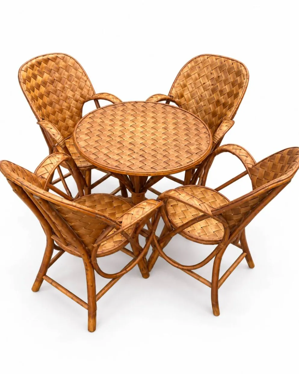 Ensemble de jardin vintage en rotin tressé –table ronde et 4 fauteuils