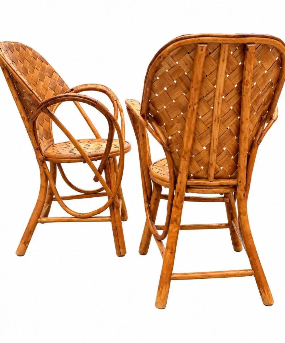 Ensemble de jardin vintage en rotin tressé –table ronde et 4 fauteuils