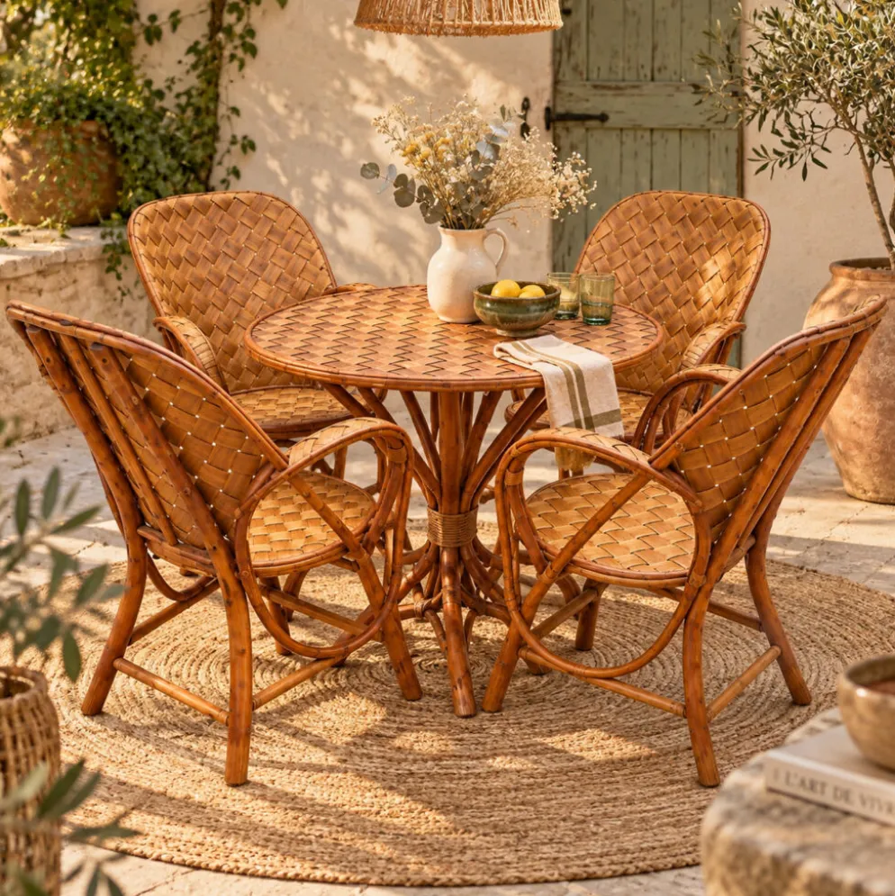 Ensemble de jardin vintage en rotin tressé –table ronde et 4 fauteuils