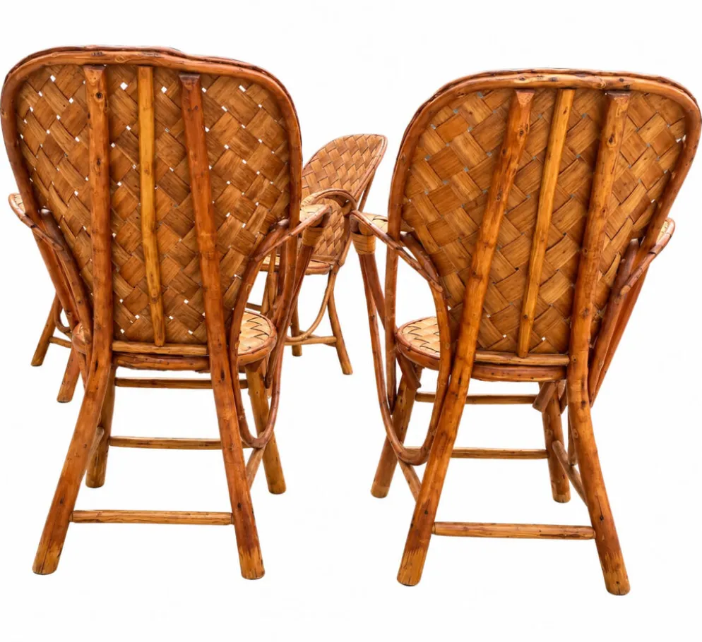 Ensemble de jardin vintage en rotin tressé –table ronde et 4 fauteuils