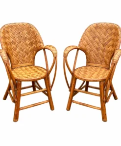 Ensemble de jardin vintage en rotin tressé –table ronde et 4 fauteuils