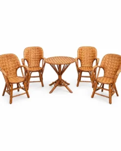 Ensemble de jardin vintage en rotin tressé –table ronde et 4 fauteuils
