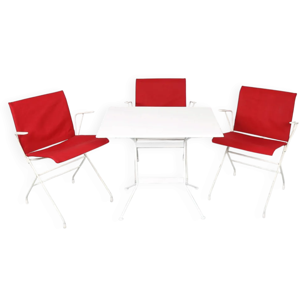 Ensemble de jardin vintage français des années 50 conçu par Raoul Guys (attribué) 3 chaises et une table.