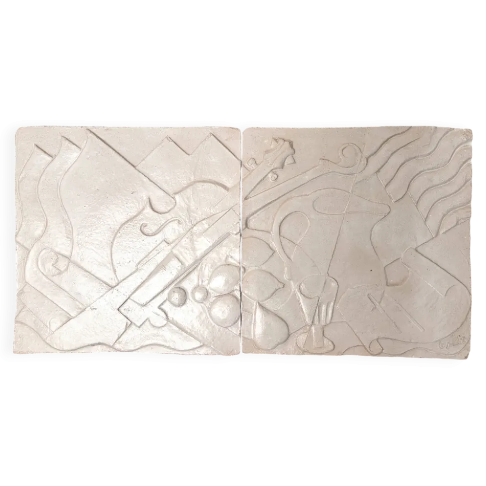 Ensemble de 2 panneaux de céramique signés, nature morte, 1950