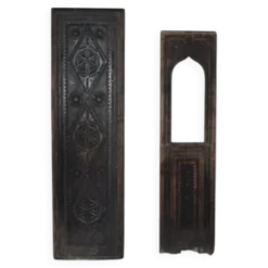 Ensemble de 2 panneaux en bois sculptés marron, Hongrie rurale, années 1940, motifs géométriques.