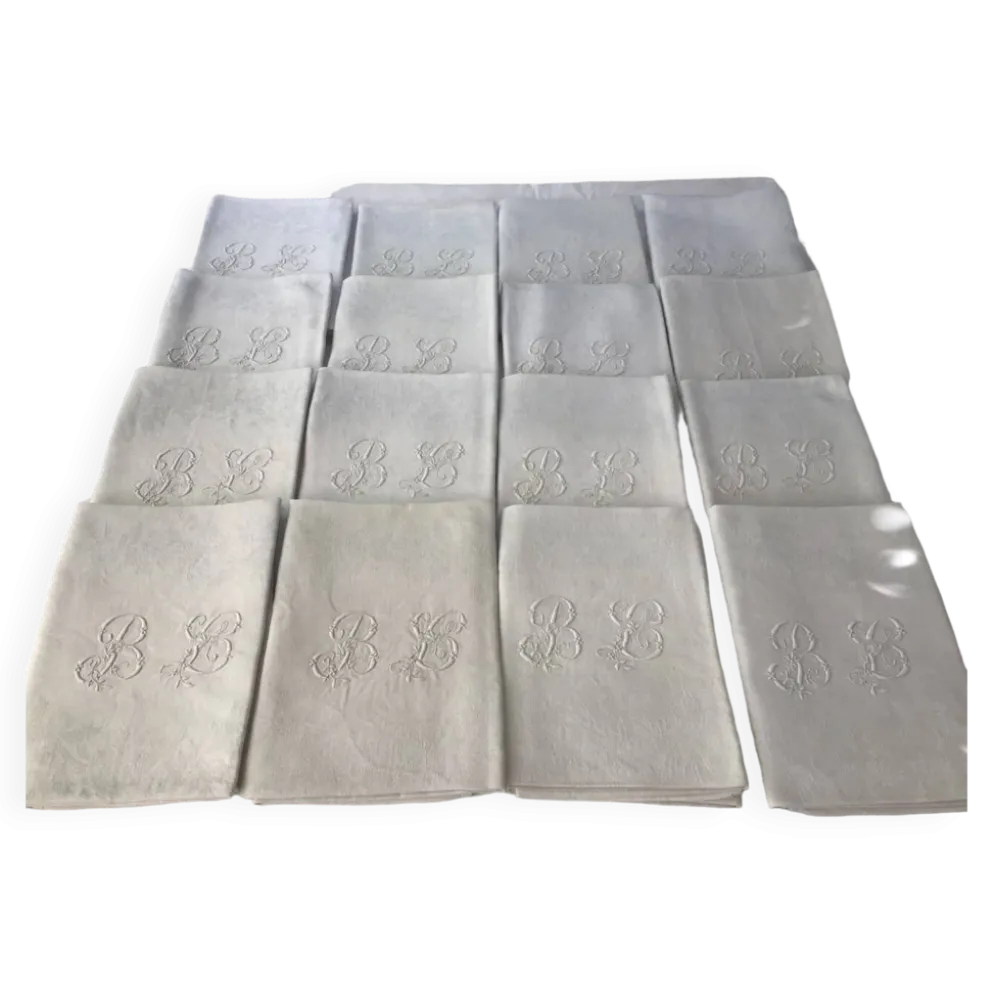 Ensemble de 12 serviettes blanches 19eme marquées « BL »