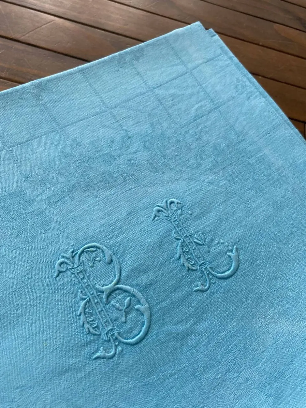 Ensemble de 10 serviettes damassées monogrammées BL turquoise