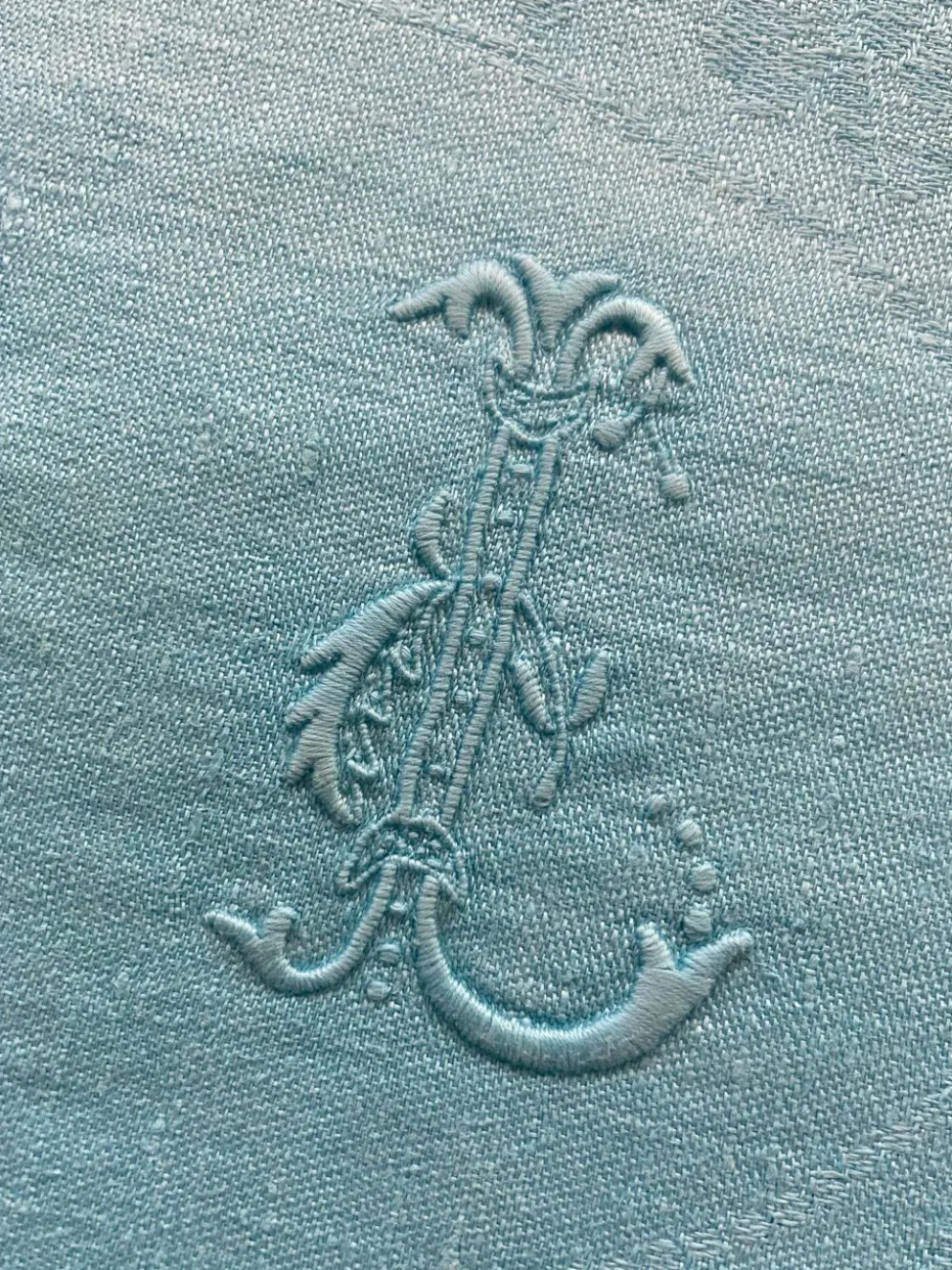 Ensemble de 10 serviettes damassées monogrammées BL turquoise