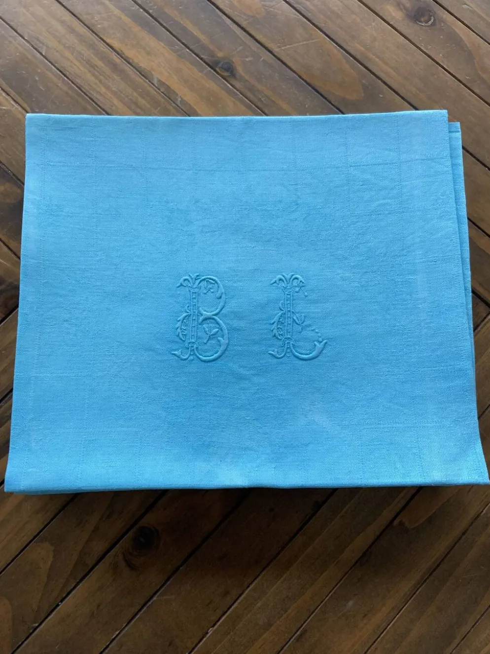 Ensemble de 10 serviettes damassées monogrammées BL turquoise