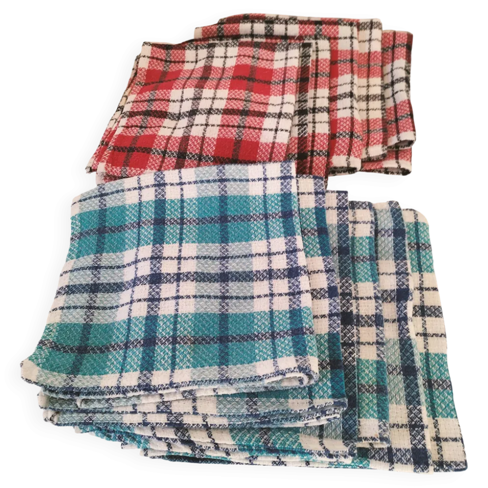 Ensemble de 12 serviettes vintage à carreaux – Rouge et turquoise