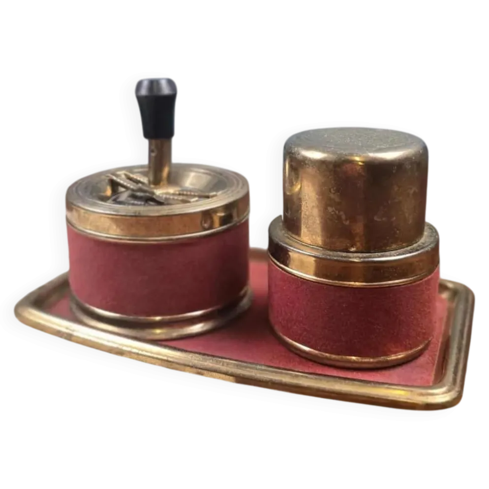 Ensemble fumeur vintage feutrine rouge & métal doré – Plateau, cendrier et pot
