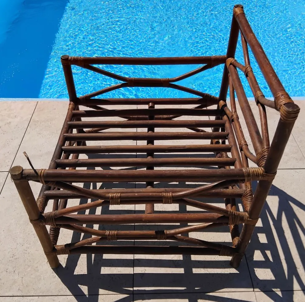 Ensemble salon de jardin une Banquette et un Fauteuil en bois Vintage