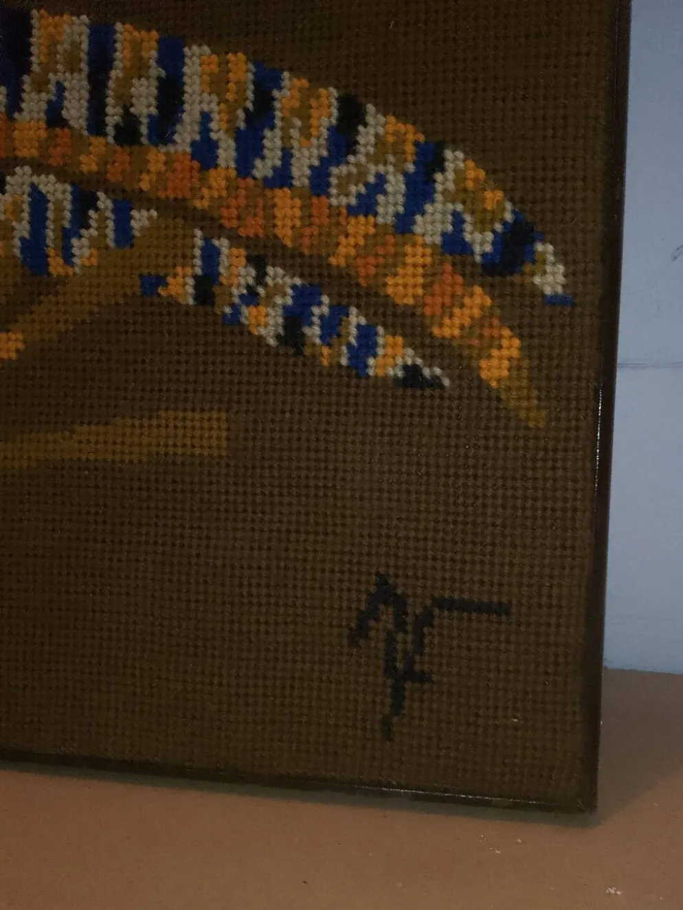 Faisan bleu Cubiste Tapisserie Laine Artiste René Fumeron Tableau France vintage 1970's